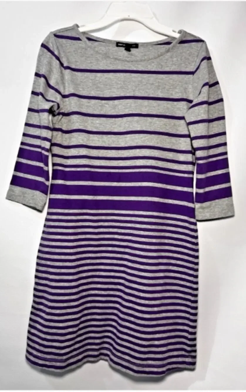 GapKids Girls Gray & Purple Striped Dress Size 10 100% Cotton 3/4 Sleeve Casual